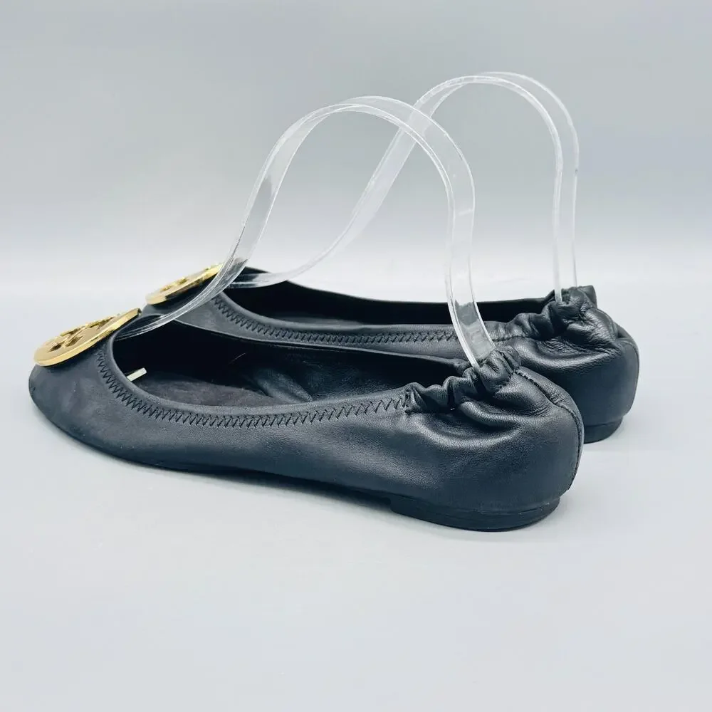 Tory Burch Shoes Womens 6 Black Leather Reva Ballet Flats Gold Logo Slip On